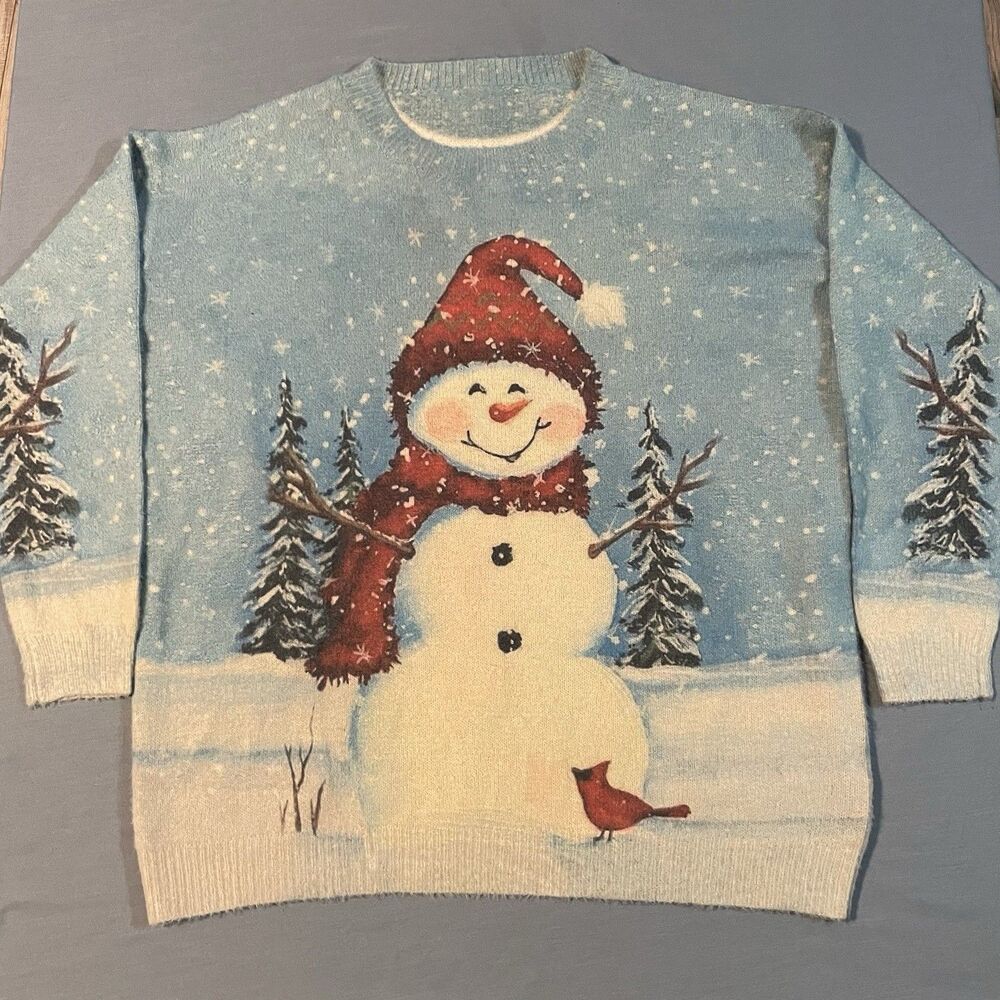 Christmas Snowman Wool Blend Sweater Size XL Oversized AOP Soft
